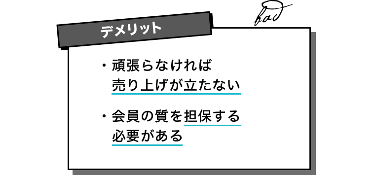 【デメリット】・頑張らなければ売り上げが立たない ・会員の質を担保する必要がある